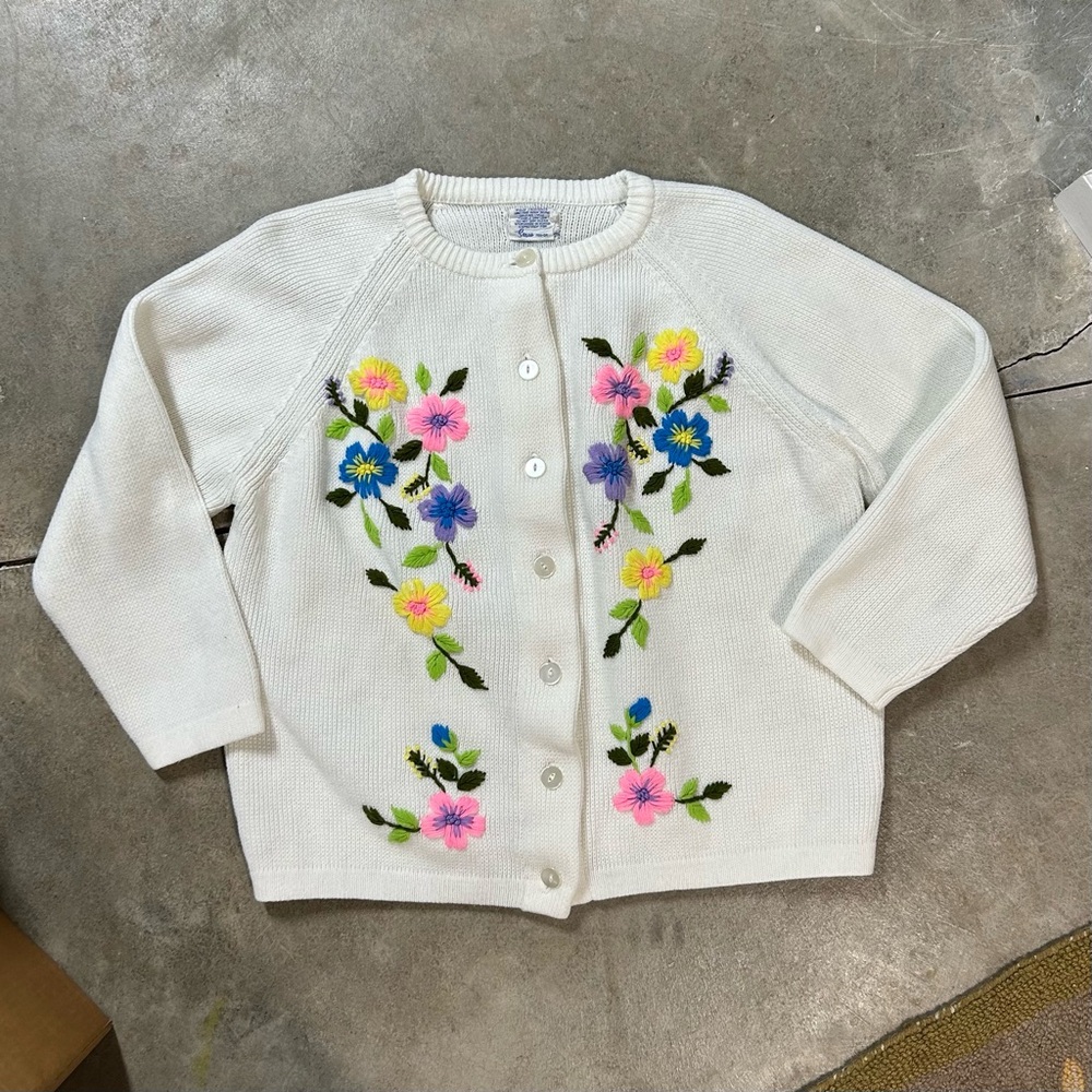 Vtg Sears 1960s Floral Crewel Embroidery Cardigan Pinup Boho Retro Acrylic XL - Picture 3 of 15